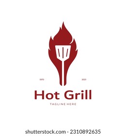 Simple Barbecue Vintage hot grill, with crossed flames and spatula. Logo for restaurant, badge, cafe and bar.vector