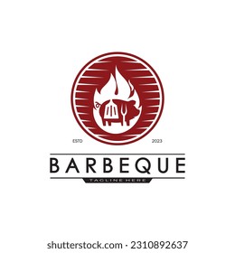 Simple Barbecue Vintage hot grill, with crossed flames and spatula. Logo for restaurant, badge, cafe and bar.vector