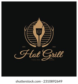 Simple Barbecue Vintage hot grill, with crossed flames and spatula. Logo for restaurant, badge, cafe and bar.vector