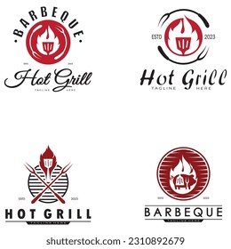 Simple Barbecue Vintage hot grill, with crossed flames and spatula. Logo for restaurant, badge, cafe and bar.vector