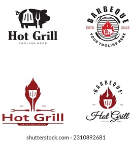 Simple Barbecue Vintage hot grill, with crossed flames and spatula. Logo for restaurant, badge, cafe and bar.vector