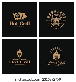 Simple Barbecue Vintage hot grill, with crossed flames and spatula. Logo for restaurant, badge, cafe and bar.vector