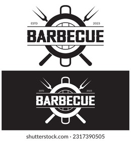 Simple Barbecue Vintage hot grill, with crossed flames and spatula. Logo for restaurant, badge, cafe and bar.vector