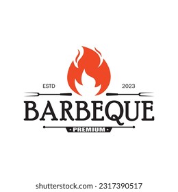 Simple Barbecue Vintage hot grill, with crossed flames and spatula. Logo for restaurant, badge, cafe and bar.vector