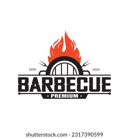 Simple Barbecue Vintage hot grill, with crossed flames and spatula. Logo for restaurant, badge, cafe and bar.vector