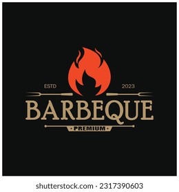 Simple Barbecue Vintage hot grill, with crossed flames and spatula. Logo for restaurant, badge, cafe and bar.vector