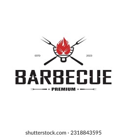 Simple Barbecue Vintage hot grill, with crossed flames and spatula. Logo for restaurant, badge, cafe and bar.vector