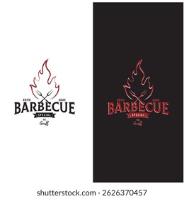 Churrasco simples Vintage grelha quente, com chamas cruzadas e espátula. Logotipo para restaurante, crachá, café e bar.vetor