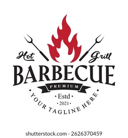 Churrasco simples Vintage grelha quente, com chamas cruzadas e espátula. Logotipo para restaurante, crachá, café e bar.vetor