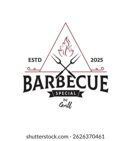 Churrasco simples Vintage grelha quente, com chamas cruzadas e espátula. Logotipo para restaurante, crachá, café e bar.vetor