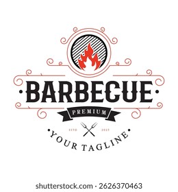 Churrasco simples Vintage grelha quente, com chamas cruzadas e espátula. Logotipo para restaurante, crachá, café e bar.vetor