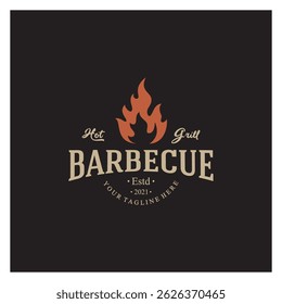 Churrasco simples Vintage grelha quente, com chamas cruzadas e espátula. Logotipo para restaurante, crachá, café e bar.vetor