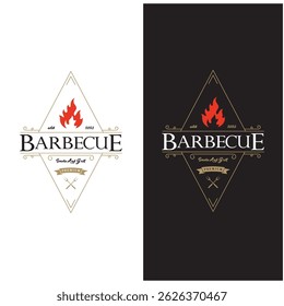Churrasco simples Vintage grelha quente, com chamas cruzadas e espátula. Logotipo para restaurante, crachá, café e bar.vetor