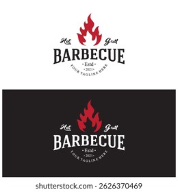 Churrasco simples Vintage grelha quente, com chamas cruzadas e espátula. Logotipo para restaurante, crachá, café e bar.vetor