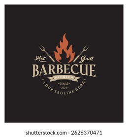 Simple Barbecue Vintage hot grill, with crossed flames and spatula. Logo for restaurant, badge, cafe and bar.vector