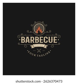 Churrasco simples Vintage grelha quente, com chamas cruzadas e espátula. Logotipo para restaurante, crachá, café e bar.vetor