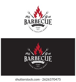 Churrasco simples Vintage grelha quente, com chamas cruzadas e espátula. Logotipo para restaurante, crachá, café e bar.vetor