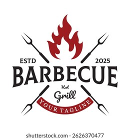 Churrasco simples Vintage grelha quente, com chamas cruzadas e espátula. Logotipo para restaurante, crachá, café e bar.vetor