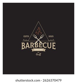 Churrasco simples Vintage grelha quente, com chamas cruzadas e espátula. Logotipo para restaurante, crachá, café e bar.vetor
