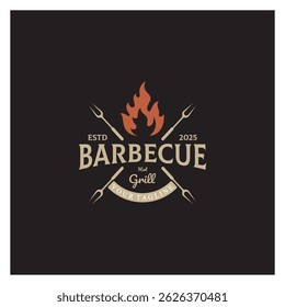 Simple Barbecue Vintage hot grill, with crossed flames and spatula. Logo for restaurant, badge, cafe and bar.vector