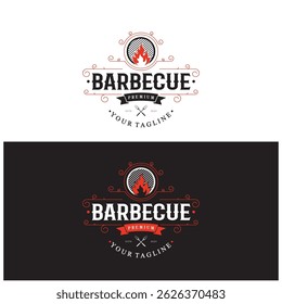 Churrasco simples Vintage grelha quente, com chamas cruzadas e espátula. Logotipo para restaurante, crachá, café e bar.vetor