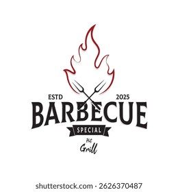 Simple Barbecue Vintage hot grill, with crossed flames and spatula. Logo for restaurant, badge, cafe and bar.vector