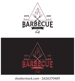 Churrasco simples Vintage grelha quente, com chamas cruzadas e espátula. Logotipo para restaurante, crachá, café e bar.vetor