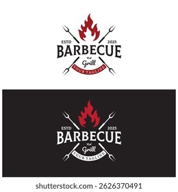 Churrasco simples Vintage grelha quente, com chamas cruzadas e espátula. Logotipo para restaurante, crachá, café e bar.vetor