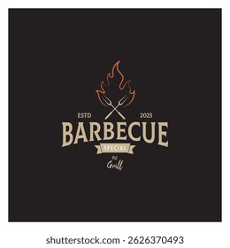 Churrasco simples Vintage grelha quente, com chamas cruzadas e espátula. Logotipo para restaurante, crachá, café e bar.vetor