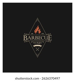 Churrasco simples Vintage grelha quente, com chamas cruzadas e espátula. Logotipo para restaurante, crachá, café e bar.vetor