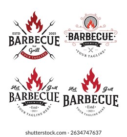 Churrasco simples Vintage grelha quente, com chamas cruzadas e espátula. Logotipo para restaurante, crachá, café e bar.vetor