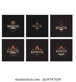 Churrasco simples Vintage grelha quente, com chamas cruzadas e espátula. Logotipo para restaurante, crachá, café e bar.vetor