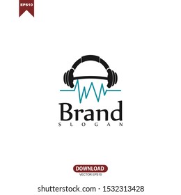 Simple barbell combine with audio beat and headphone  logo vector design