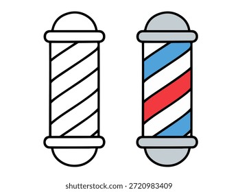 Ilustración simple del poste del barbero con una versión coloreada y una versión del contorno, estilo limpio y mínimo conveniente para los iconos, las pegatinas, los gráficos del negocio, el contenido de los niños, y las páginas para colorear.