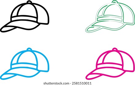 Simple baseball cap outlines, minimalist hat sketches, colorful line drawings, black white blue green pink caps, stylized headwear illustration, clean vector graphics, sports fashion icons, basic curv