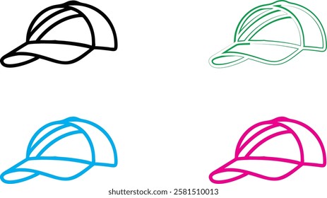 Simple baseball cap outlines, minimalist hat sketches, colorful line drawings, black white blue green pink caps, stylized headwear illustration, clean vector graphics, sports fashion icons, basic curv