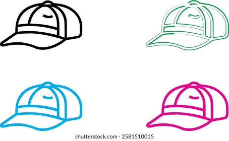 Simple baseball cap outlines, minimalist hat sketches, colorful line drawings, black white blue green pink caps, stylized headwear illustration, clean vector graphics, sports fashion icons, basic curv