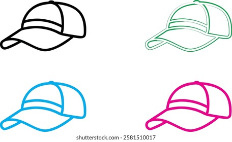 Simple baseball cap outlines, minimalist hat sketches, colorful line drawings, black white blue green pink caps, stylized headwear illustration, clean vector graphics, sports fashion icons, basic curv