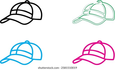 Simple baseball cap outlines, minimalist hat sketches, colorful line drawings, black white blue green pink caps, stylized headwear illustration, clean vector graphics, sports fashion icons, basic curv