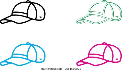 Simple baseball cap outlines, minimalist hat sketches, colorful line drawings, black white blue green pink caps, stylized headwear illustration, clean vector graphics, sports fashion icons, basic curv