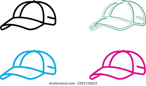 Simple baseball cap outlines, minimalist hat sketches, colorful line drawings, black white blue green pink caps, stylized headwear illustration, clean vector graphics, sports fashion icons, basic curv