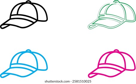 Simple baseball cap outlines, minimalist hat sketches, colorful line drawings, black white blue green pink caps, stylized headwear illustration, clean vector graphics, sports fashion icons, basic curv