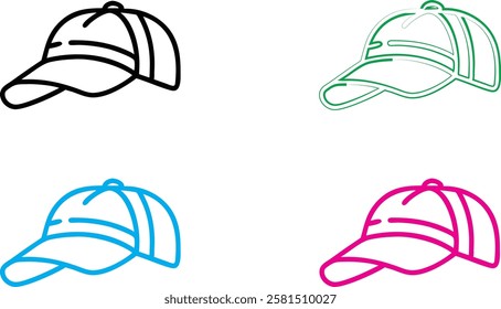 Simple baseball cap outlines, minimalist hat sketches, colorful line drawings, black white blue green pink caps, stylized headwear illustration, clean vector graphics, sports fashion icons, basic curv