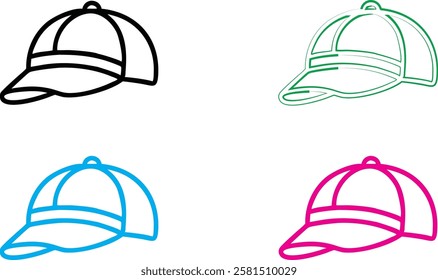 Simple baseball cap outlines, minimalist hat sketches, colorful line drawings, black white blue green pink caps, stylized headwear illustration, clean vector graphics, sports fashion icons, basic curv