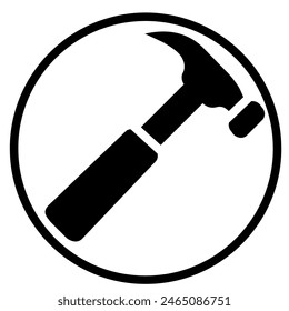 Simple and basic vector icon of a hammer with white background in black circle. 