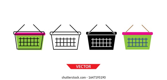 Simple basket icon on white background 4 types such as outline, black, color, outline and color. Vector illustration.