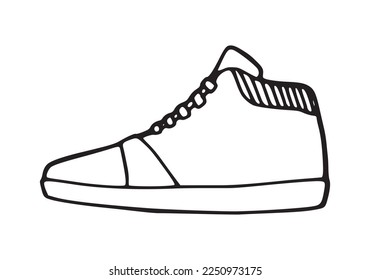 Simple basketball shoes hand drawn outline illustration. Sporty sneakers for training and recreation pen drawing sign design. Fashion footwear created for sport and gym exercise vector drawing logo.