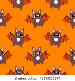 Simple murciélago dibujado a mano patrón de Halloween sin fisuras sobre fondo naranja. Diseño de repetición de ilustración de Fondo de pantalla de Vector para impresión de tela, pegatina, cubierta, envoltura.