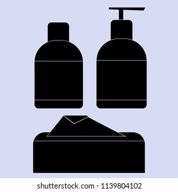 Simple bathroom icons set: soap, shower gel and  dry wipes, black toiletries vector illustration