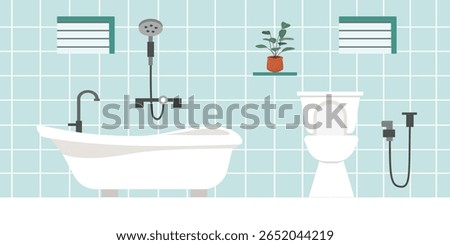 Simple bathroom illustration. Shower room. Bathtub illustration. Potted plant. Toilet room.